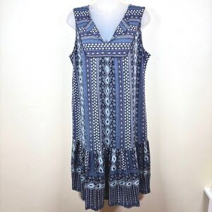 Style & Co Boho Sleeveless Midi Shift Dress Women's Medium Blue Print Ruffle Hem